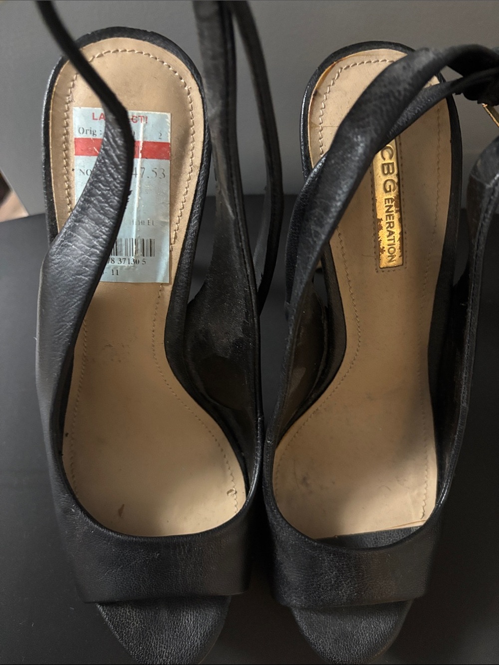 BCBGeneration Black Leather Open-Toe Slingback Heels